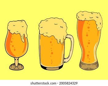 Set of sweet gold yellow beer with glass, beverage, drink vector illustration. bar, brewery, oktoberfest. High resolution eps element. Used for template, background, media. Editable printable.