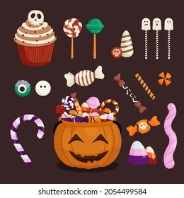 A Set Of Sweet Halloween Candy For Trick Or Treat. Sweets For Children In A Pumpkin Bag, Bucket. Lollipops, Candy, Chocolate, Ghosts, Cupcake With A Skull. Vector Illustration.