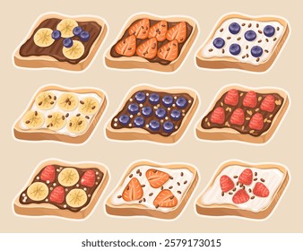 Set of Sweet Healthy Toasts with Fresh Berries. Nutritious and Delicious snacks. Vector.