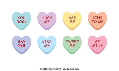 Set of sweet heart candy isolated on white background. Sweetheart candies for valentines day