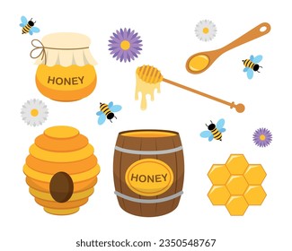 Set of sweet honey in cartoon style. Vector illustration of tasty and fragrant honey: jar with honey, honeycomb, beehive, flowers and bees, spoon, barrel with honey isolated on white background.