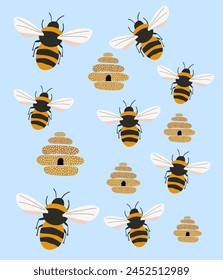 Set of sweet honey vector illustration, World bee day. Bees, honeycombs and beehive on a blue background, flat vector illustration, fly bees vector
