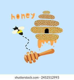 Set of sweet honey vector illustration, World bee day. Bees, honeycombs and beehive on a blue background, flat vector illustration, fly bees vector