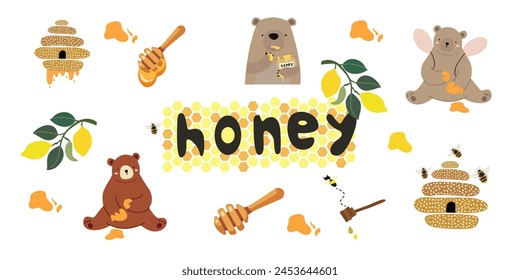 Conjunto de Ilustración vectorial de miel dulce, Un oso con alas y patas manchadas con miel, osos de dibujos animados marrones, abejas, panales, colmena, gotas de miel. Ilustración vectorial linda plana