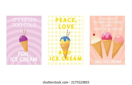 Juego de volantes de las tiendas de helados dulces, carteles en el fondo vintage.Colección de páginas para menú infantil, café, afiches. tarjetas, publicidad de cafetería.Ilustración vectorial de plantilla.