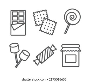 Set of sweet icons. Chocolate, candy, cookie, lollipop, marshmallow