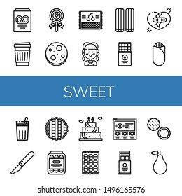 Set of sweet icons such as Pretzel, Paper cup, Lollipop, Chocolate chip, Cherry, Hippie, Marshmallow, Chocolate bar, Broken heart, Corn, Chicha de frutilla, Slice, Pie , sweet