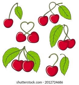 Set von süßen, saftigen, hellen Kirschfrucht, handgezeichnet für das Lebensmitteldesign auf Weiß