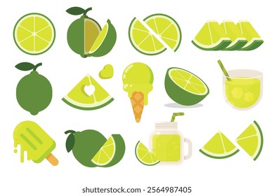 Set of Sweet lime, Farm fresh Green Lemon product  emblem for grocery shop, collection of ice cream, Juice jar, glass of juice, ice cream cone and stick, simple flat vector illustration of fruits.