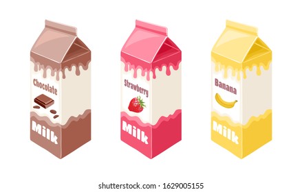 Set of Sweet milk of different tastes in carton boxes. Chocolate, strawberry and banana milk isolated on white background. Vector illustration of Dairy flavored drink.