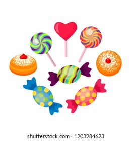 Set of sweet multicolored candies and caramel with donuts. flat vector illustration isolated on white background