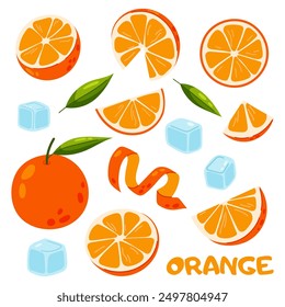 Set of sweet oranges and ice cubes in flat style. Citrus fruit. Fruit ingredient for drinks and desserts.