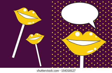 Set Sweet pair backgrounds of Glossy Vector Lips. Open sexy wet red lips with teeth pop art set backgrounds, eps 