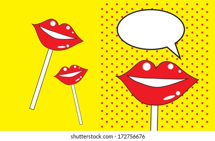 Set Sweet pair backgrounds of Glossy Vector Lips. Open sexy wet red lips with teeth pop art set backgrounds, eps 
