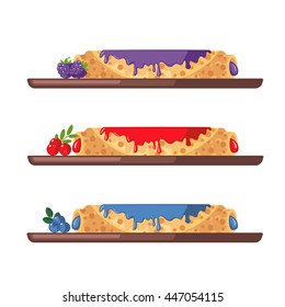 Set of sweet pancakes with blackberry, blueberry and cranberry in flat style isolated on white background. Elements for menu. Vector illustration.