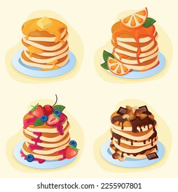 A set of sweet pancakes of different flavors on plates: with honey and butter, with orange, with berries and sauce, with chocolate syrup and nuts. Pancakes for the bakery menu