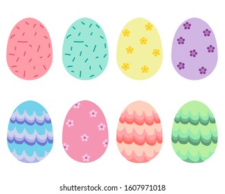 A set of sweet pastel eggs isolated on white background. Concept of Easter Day. They’re cute pattern differently each.