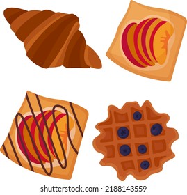 set of sweet pastries in a flat style isolated on a white background. Croissants, Belgian waffle, fruit filling, French desserts