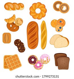 Set of sweet pastries and various types of bread. Wheat and rye bread, baguette, sweet buns and biscuits. Top view. Vector illustration