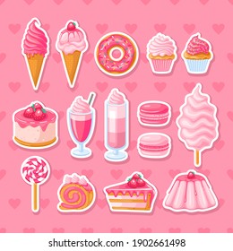 Set of sweet patches, cute cartoon food badges, fun stickers design vector. Donut, ice cream, candies with pink topping and other.Vector illustration