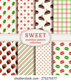 Set of sweet patterns. Collection of seamless backgrounds with cakes, ice cream, strawberries in chocolate, macaroons and suitable abstract patterns. Vector illustration.