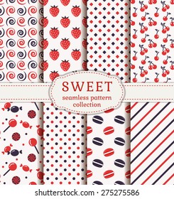 Set of sweet patterns. Collection of seamless backgrounds with candy, cherries, strawberries, macaroons and suitable abstract patterns. Vector illustration.