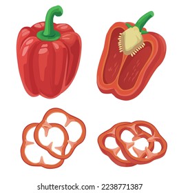 Set sweet pepper, red pepper, half pepper. Vector illustration.