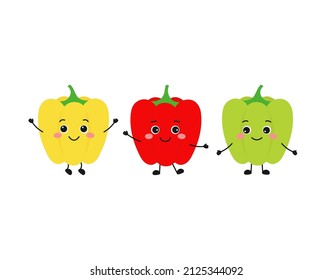 conjunto de dibujos de pimiento dulce rojo, amarillo y verde, ilustraciones vectoriales con personajes de pimientos