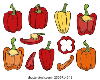 Set sweet peppers flat. Harvest ripe vegetables garden. Hot spices. Sliced bell pepper. Fresh fruit. Hand drawn vector doodle illustration.