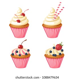 Set of sweet pink cupcakes. Vector pastries decorated with cherry, strawberries, blueberries, sweets. Food design
