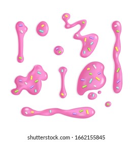 Set of sweet pink doughnut icing drops with sprinkling. Vector melted glaze donut blobs illustration for design. Realistic 3d leaking syrup splash isolated on white background. Top view
