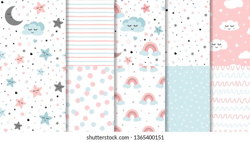 Set of sweet pink seamless patterns Sleepy moon smiling clouds stars rainbow blue pink background collection Vector illustration Hand drawn style.