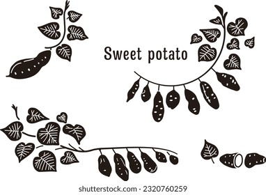 Set of sweet potato illustrations and frames (black)