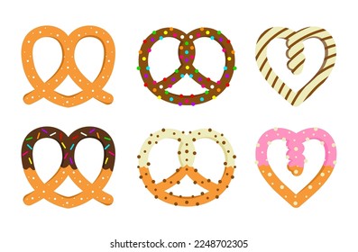 Set of sweet pretzels in cartoon style. Vector illustration of delicious pretzels with colored glaze and sprinkles isolated on white background.