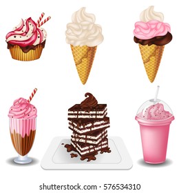 Set of  sweet products ice cream, cup cake, biscuit, milk shake on  white background.