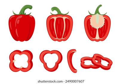 Set of sweet red peppers and slices. Whole and parts of farm paprika icons. Organic vegetables vegetarian food. Vector illustration isolated on white background.