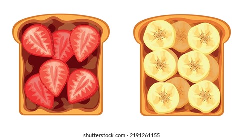 Set of sweet sandwiches with different fillings isolated on a white background. Vector illustration of toasts with chocolate and strawberries and bananas with peanut butter in flat style