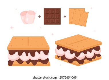 Set of sweet sandwiches. Marshmallow with chocolate and biscuits. Sweets recipe, graphic elements for website, bakery, grocery shop. Cartoon flat vector illustrations isolated on white background