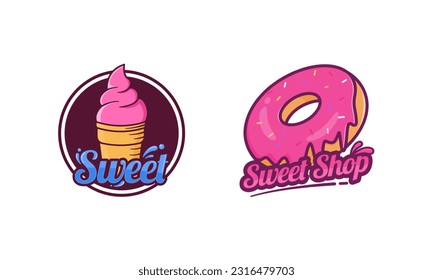 conjunto de vector de diseño de la plantilla del logotipo de Sweet Shop. Ilustración del pastel con cerezas