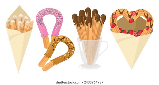 Set of sweet Spanish churros in cartoon style. Vector illustration of churros in shapes: sticks, horseshoe shape, hearts with colored sprinkles, powdered sugar, chocolate glaze, strawberries.