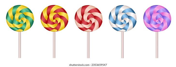 Set of sweet spiral lollipops on white plastic sticks. 3d realistic, swirl, colored sugar candies. illustration isolated on white background. Caramel vector illustration EPS10. Candy shop logo.