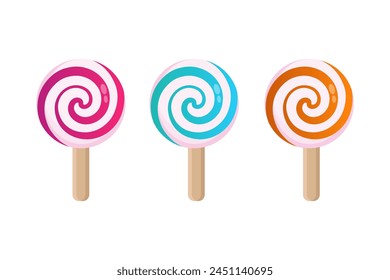 Set of sweet spiral lollipops on white plastic sticks flat vector illustration