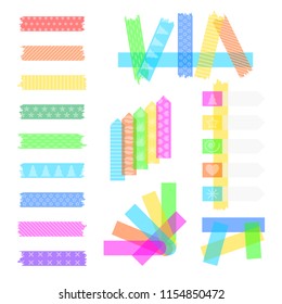 Set sweet sticky colored adhesive transparent washi tapes, stickers, and bookmarks isolated on a white background, with cute texture painted on them. Single sticky scotch and crossed with each other.