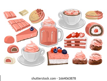 Set of sweet strawberry drinks and pastries. Vector isolated collection of food in pink colors