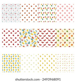 Set of sweet summer fruits seamless pattern with cherry, strawberry, peach, mango and pineapple, orange vector backgrounds. Cute fruit prints.