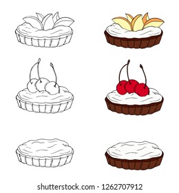 Set of sweet tartlets with different toppings in two styles. Perfect for menu, card, textile, food packaging design.