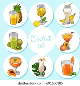 Set of sweet tasty tropical cocktails or natural fruit juice. Attribute of healthy eating fitness menu. Sketch for holiday stickers, cards or party invitation. Cartoon vector close-up illustration.