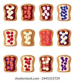 Set sweet toasts. Cartoon isolated slices of toasted cereal bread with fruits and berries, marshmallow  for breakfast. Toasted bread with chocolate spread or peanut butter, jam and cream cheese.