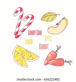 Set of sweet toppings: candy cane, apple, lemon and carrot. Hand drawn food. Vector illustration