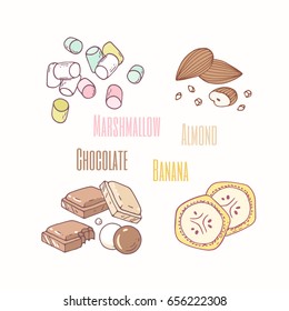 Set of sweet toppings: marshmallow, almond, chocolate and banana. Hand drawn food. Vector illustration